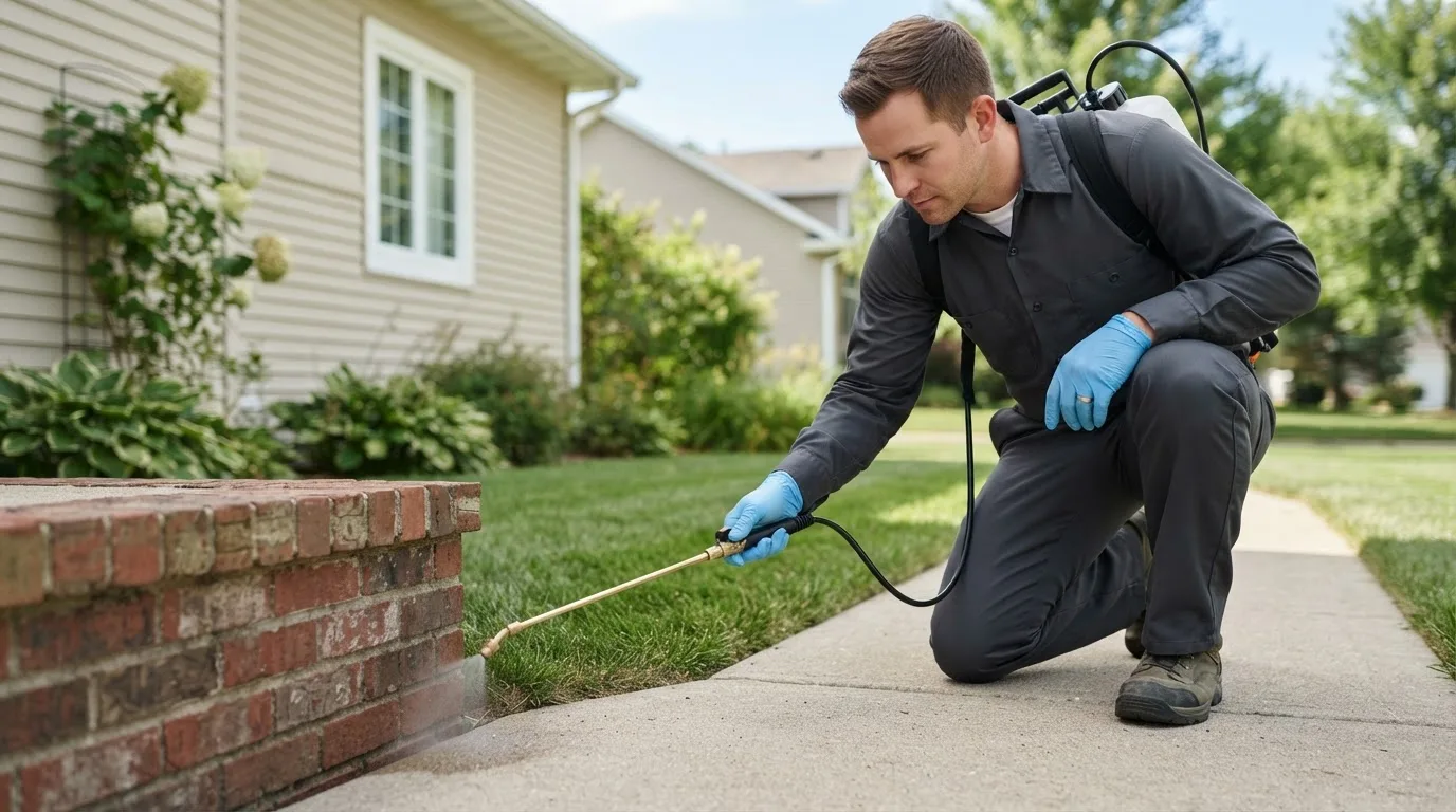 Pest control technician treating a home near Arvada, WY